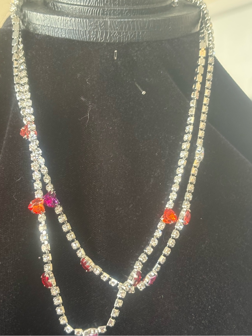 Rhinestone Double Strand Necklace with orange and Pink Crystal Accents